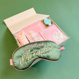 Vacation-themed spa gift box with calming beauty products and tropical vibes