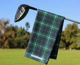 Par Bleu Golf Emerald & Bleu Plaid golf towel featuring a classic green and blue plaid pattern.