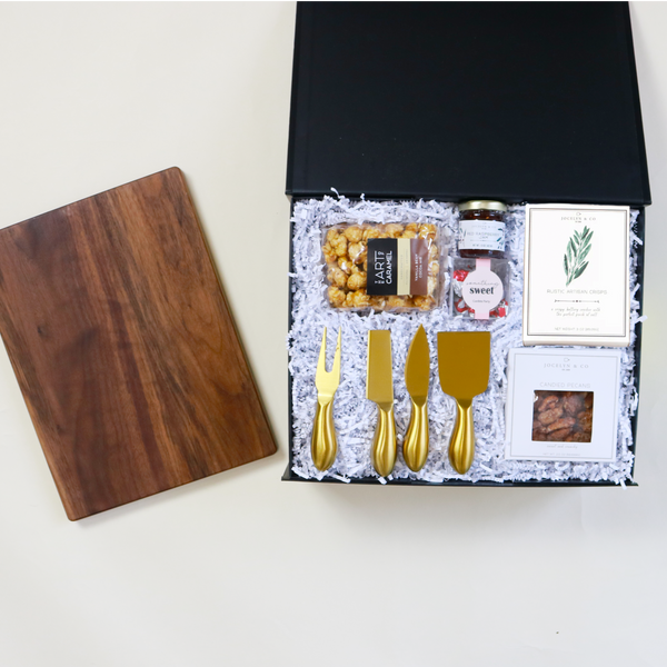 Gather Holiday Gift Box, Charcuterie, Hostess Gift, Walnut Cutting Board, gold 4-piece charcuterie cutlery, seattle chocolate candy cane truffles, art of caramel popcorn, Jocelyn and Co. Candied Walnuts and Jam