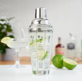 13.5 oz glass cocktail shaker with stainless steel lid and printed cocktail recipes for home bar