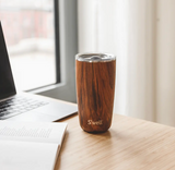 Premium S’well insulated stainless steel tumbler in teak wood design used for cocktails, iced drinks, or gifting