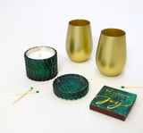 Mistletoe Holiday Gift Box. Holiday 2023 Gift Box including Soi Mistletoe and Holly Candle, 2 Gold Wine Glasses, and Via Mercato Joy Matches