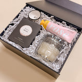 XOXO Valentine’s gift box for her with merlot wine gummies, rose shea butter lotion, heathered suede soy candle, and XO ring tray.