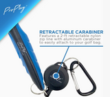 Portable Pro Golf groove cleaner and club brush attached to a golf bag for convenient course-side cleaning.