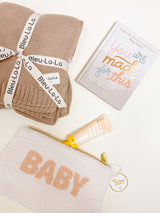 Confete Unboxed Mommy + Me gift with cozy blanket, devotional, lotion, and baby pouch, baby shower, close-up