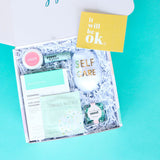 Self Care Gift box, chill gift box, poppy pout lip balm, patchology chill mode eye patches, self care wine glass, seattle chocolate san juan sea salt truffles, poshpeel pedicure