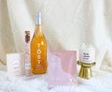 Fur Backdrop with Rose Spa inspired mother's day gift items including Rose Wiine Gummies, Rose Sandlewood Bath Salt, Rose Tost sparkling beverage, Patchology Detox mud mask, and Best Mom ever candle