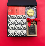 Holiday Gather Gift Box, Dish Towel, shortbread cookie mix, Cheers soy candle, Jcoco Orange blossom espresso, Confete Party