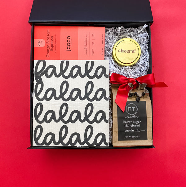 Holiday Gather Gift Box, Dish Towel, shortbread cookie mix, Cheers soy candle, Jcoco Orange blossom espresso, Confete Party