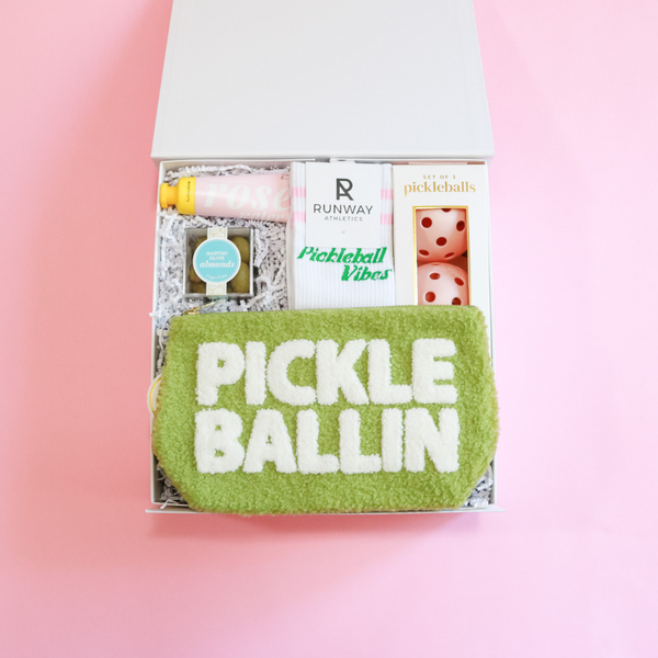 Pickelballin gift box, pickel ball gift, darling effect, pink pickelballs, pickelball vibes
