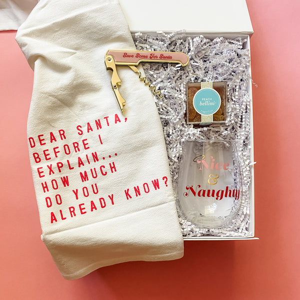 Santa's Favorite Gift Box, Tea Towel, Nice & Naughty, Sugarfina Peach Bellini, Wine opener, Confete Party