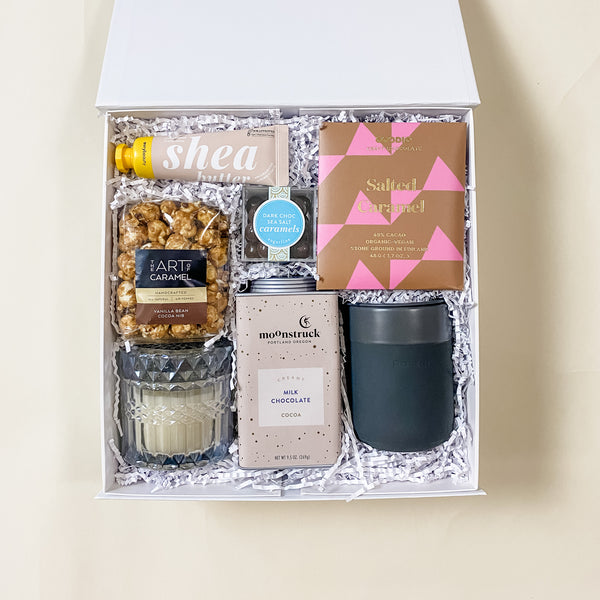 Something Sweet Gift Box, Hot Cocoa, Sugarfina, Dark Chocolate, Porter Ceramic Mug, Heathered Suede Soy Candle, Goodio Salted Caramel Chocolate, Shea Butter Lotion, Confete Party