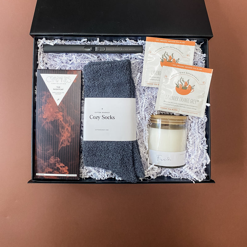 Fireside Holiday Gift Box, Cozy socks, Nightcap Chocolate, Lavender Orange Tea, Confete Party