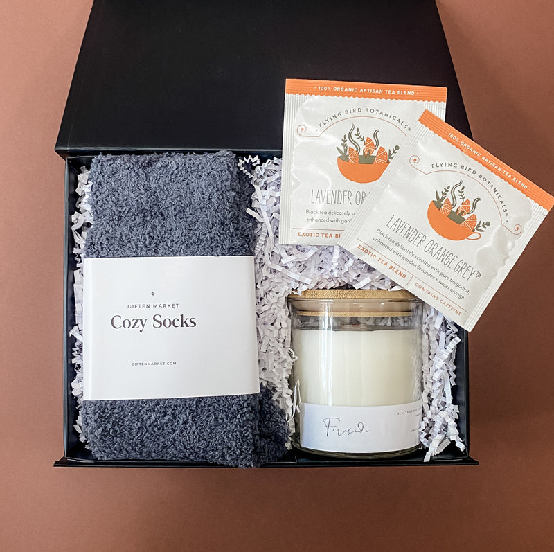 Fireside Holiday Gift Box, Cozy socks, soy candle, Lavender Orange Tea, Confete Party