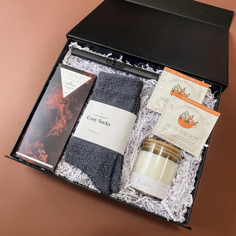 Fireside Holiday Gift Box, Cozy socks, Nightcap Chocolate, Lavender Orange Tea, Confete Party