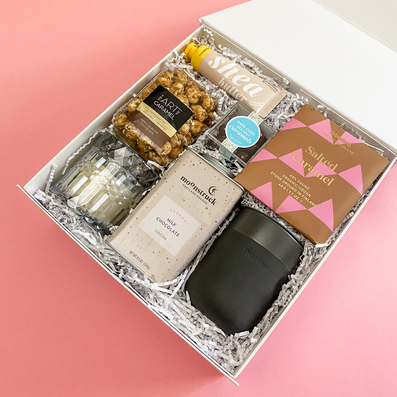 Something Sweet Gift Box, Hot Cocoa, Sugarfina, Dark Chocolate, Porter Ceramic Mug, Heathered Suede Soy Candle, Goodio Salted Caramel Chocolate, Shea Butter Lotion, Confete Party