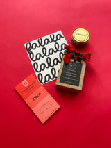 Holiday Gather Gift Box, Dish Towel, shortbread cookie mix, Cheers soy candle, Jcoco Orange blossom espresso, Confete Party