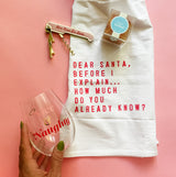 Santa's Favorite Gift Box, Tea Towel, Nice & Naughty, Sugarfina Peach Bellini, Wine opener, Confete Party