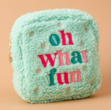 Square teddy pouch with “Oh What Fun” design by The Darling Effect.