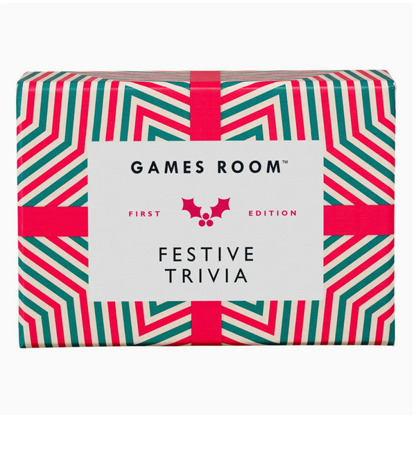 Festive Holiday Trivia game with 140 Christmas quiz cards in a red holiday-themed box, perfect for family game nights and Christmas parties.