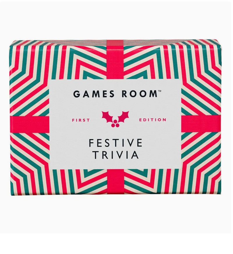 Festive Holiday Trivia game with 140 Christmas quiz cards in a red holiday-themed box, perfect for family game nights and Christmas parties.