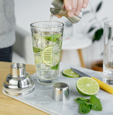Cocktail shaker with built in drink recipes stainless steel top and glass base 13.5 oz mixology shaker