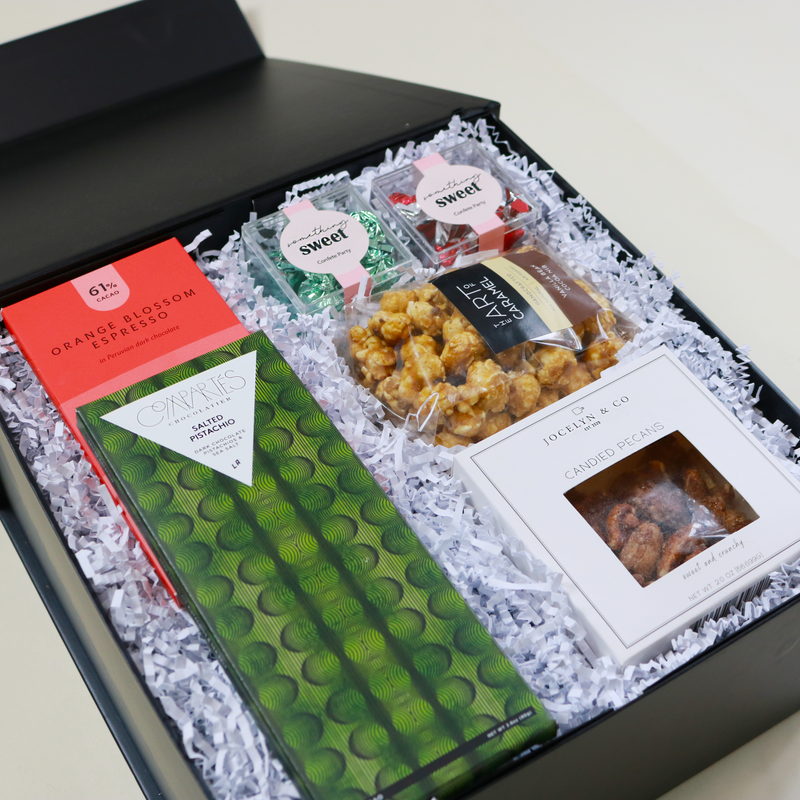 Holiday 2023 Sweets Gift Box, Hostess Gift, JCOCO Orange Blossom Espresso, Compartres Salted pistachio, Seattle Chocolate Candy Cane Truffles, Seattle Chocolate San Juan Sea Salt Truffles, Caramel Popcorn, candied pecans