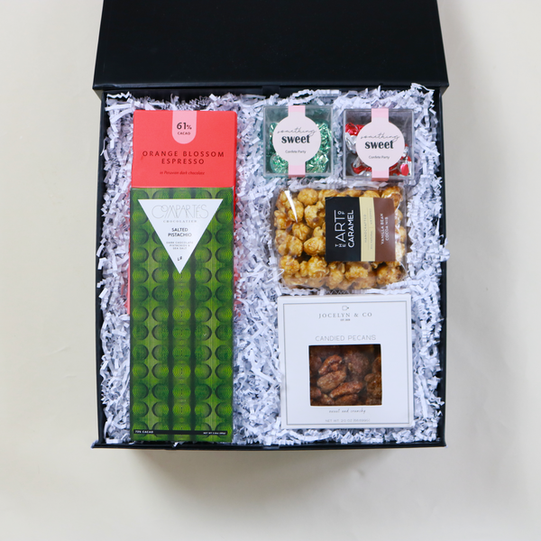 Holiday 2023 Sweets Gift Box, Hostess Gift, JCOCO Orange Blossom Espresso, Compartres Salted pistachio, Seattle Chocolate Candy Cane Truffles, Seattle Chocolate San Juan Sea Salt Truffles, Caramel Popcorn, candied pecans