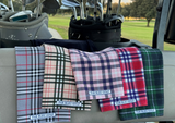 Close-up of Par Bleu Golf Emerald & Bleu Plaid towel displaying detailed plaid pattern and premium fabric.