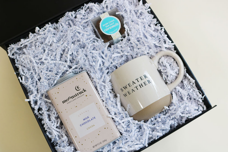  Cozy Holiday Gift with Moonstruck Hot Chocolate, Sweater Weather Mug, Sugarfina Dark Chocolate Sea Salt Caramels, Confete Gifts and Party Boxes