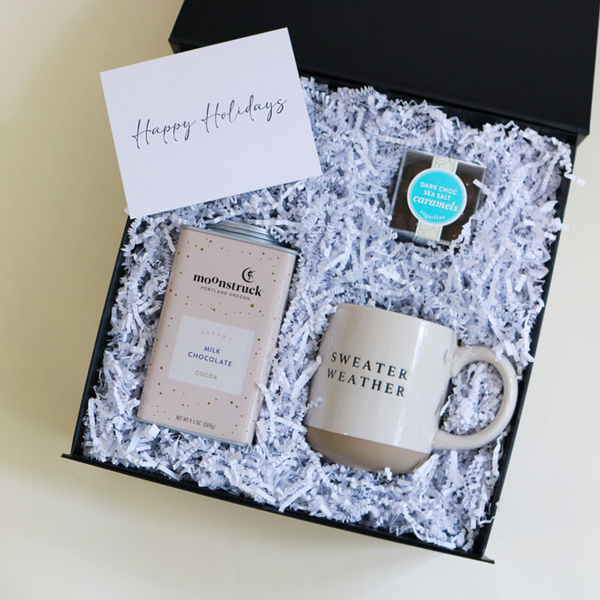Cozy Holiday Gift with Moonstruck Hot Chocolate, Sweater Weather Mug, Sugarfina Dark Chocolate Sea Salt Caramels, Confete Gifts and Party Boxes