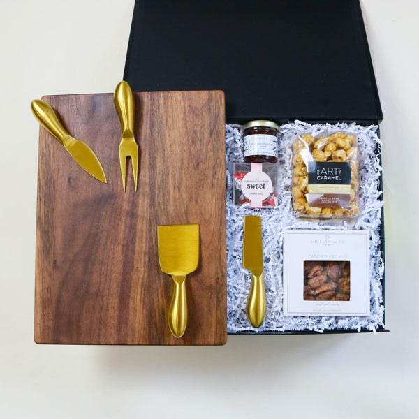 Gather Holiday Gift Box, Charcuterie, Hostess Gift, Walnut Cutting Board, gold 4-piece charcuterie cutlery, seattle chocolate candy cane truffles, art of caramel popcorn, Jocelyn and Co. Candied Walnuts and Jam