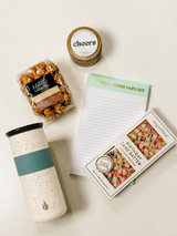 Happy birthday gift box for employees or friends with an insulated tumbler, gourmet snacks and cheerful celebration essentials.