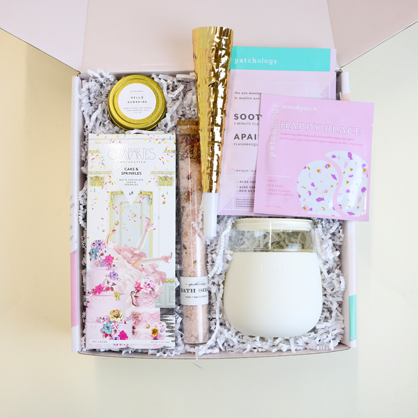 cake + sprinkles gift box, birthday box, girl gift box, pamper birthday box, compatres, patchology, W&P porter mug, bath salt