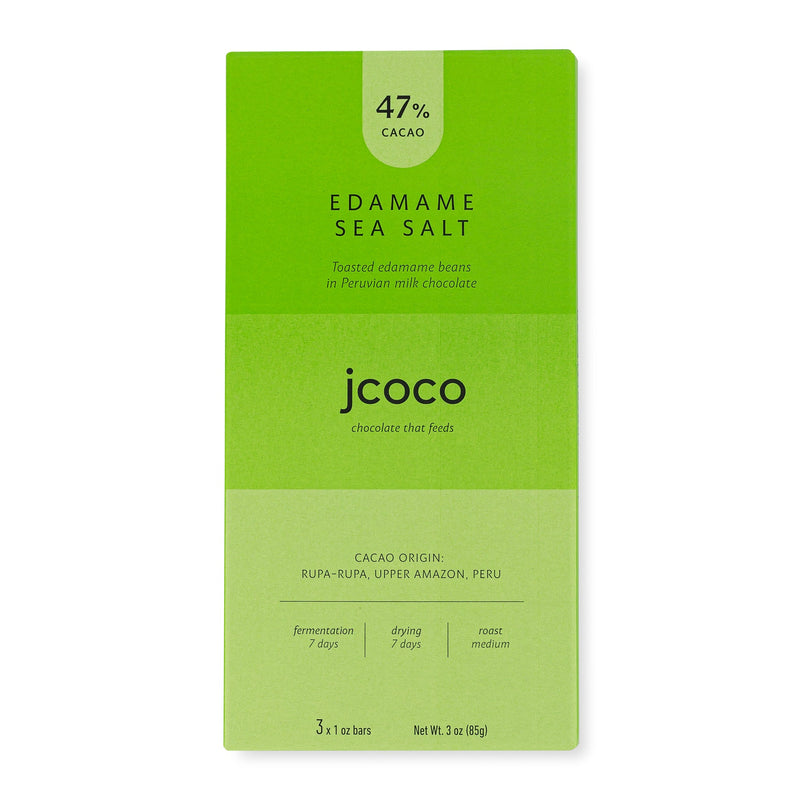 JCOCO toasted edamame and merge it with creamy milk chocolate and fine sea salt