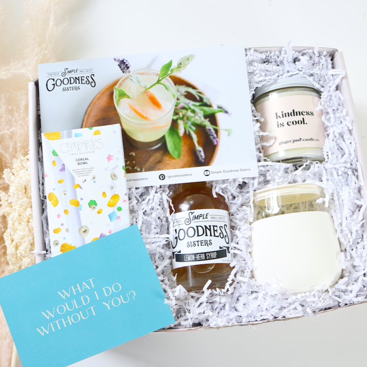 Kindness Gift Box with Simple Goodness Sister Lemon Herb Syrup, Cocktail Recipe Card, Compartres Cereal Bowl White Chocolate Bar, Kindness is Cool candle, W&P Cream Porter Glass Cup