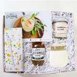 Kindness Gift Box with Simple Goodness Sister Lemon Herb Syrup, Cocktail Recipe Card, Compartres Cereal Bowl White Chocolate Bar, Kindness is Cool candle, W&P Cream Porter Glass Cup