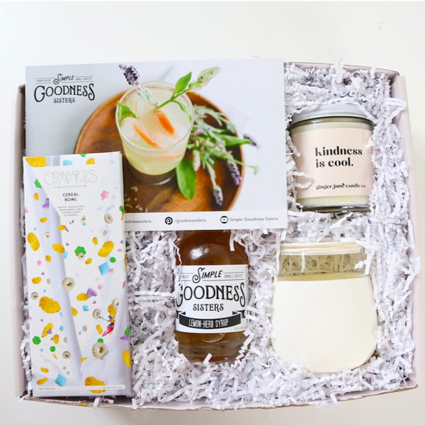 Kindness Gift Box with Simple Goodness Sister Lemon Herb Syrup, Cocktail Recipe Card, Compartres Cereal Bowl White Chocolate Bar, Kindness is Cool candle, W&P Cream Porter Glass Cup