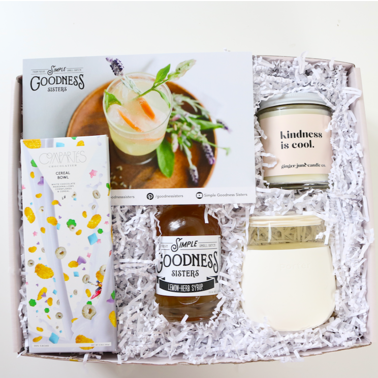 Kindness Gift Box with Simple Goodness Sister Lemon Herb Syrup, Cocktail Recipe Card, Compartres Cereal Bowl White Chocolate Bar, Kindness is Cool candle, W&P Cream Porter Glass Cup