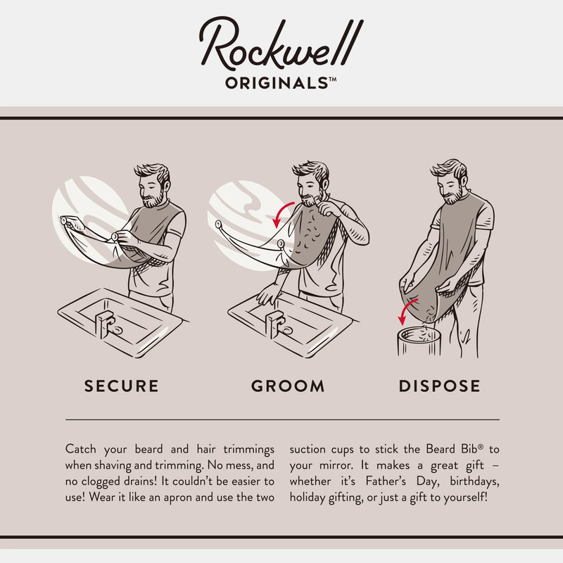 ROCKWELL Originals- This handy bib saves time and clean up efforts by catching hair when shaving or trimming. No mess and no clogged drains.