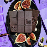 JCOCO Black Fig Pistachio bar in 72% cacao unites chewy California mission figs with crunchy whole roasted pistachios