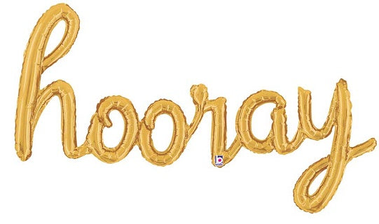 Hooray script balloon- Show that special person how excited you are for them with our metallic gold hooray balloon.