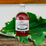 Simple Goodness Sisters- Rhubarb Vanilla simple syrup for drinks, desserts and breakfast foods. The brightness of the rhubarb hits the palette first, and the finish is smooth with rich vanilla bean.
